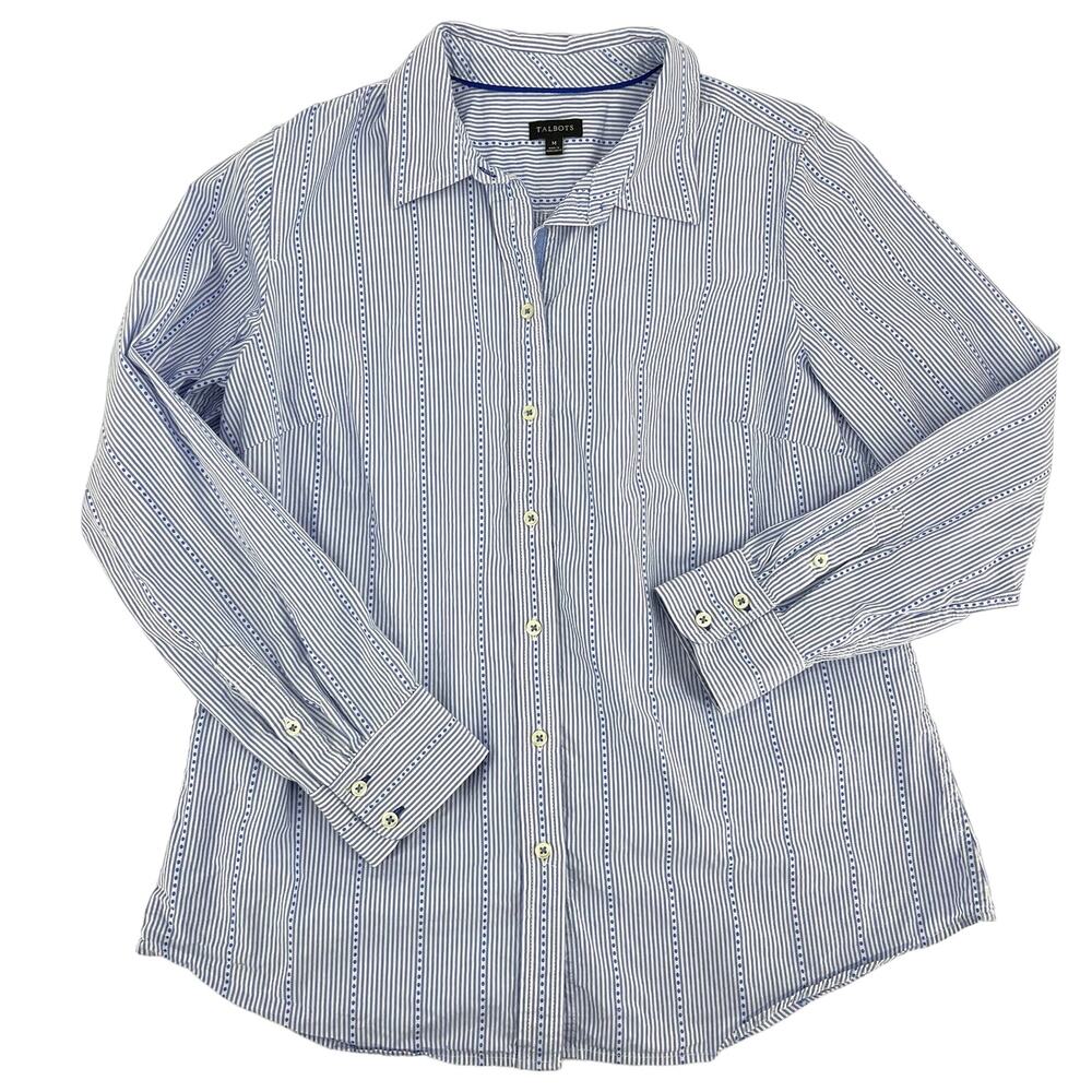 Talbots blue white cotton pinstripe women's button collared shirt‎ blouse (M) - Picture 6 of 8